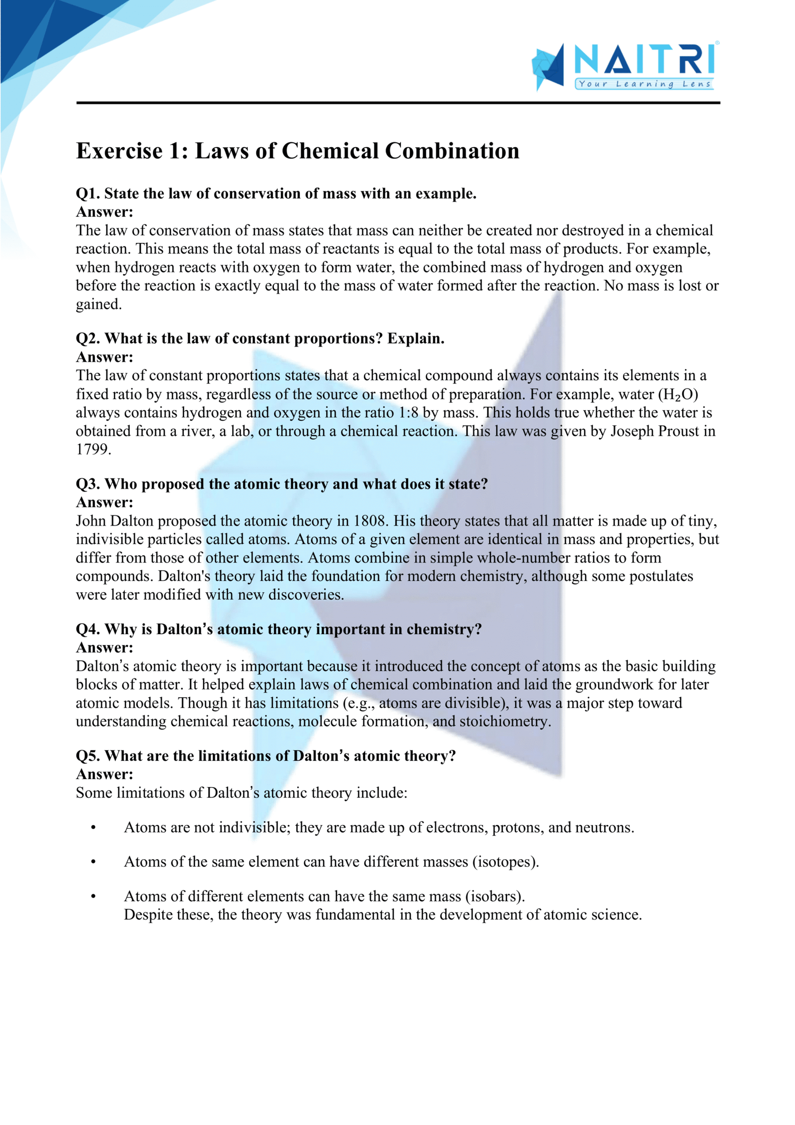 Mp Board solutions for class 9 science chapter 3 - Atoms and Molecules part 1