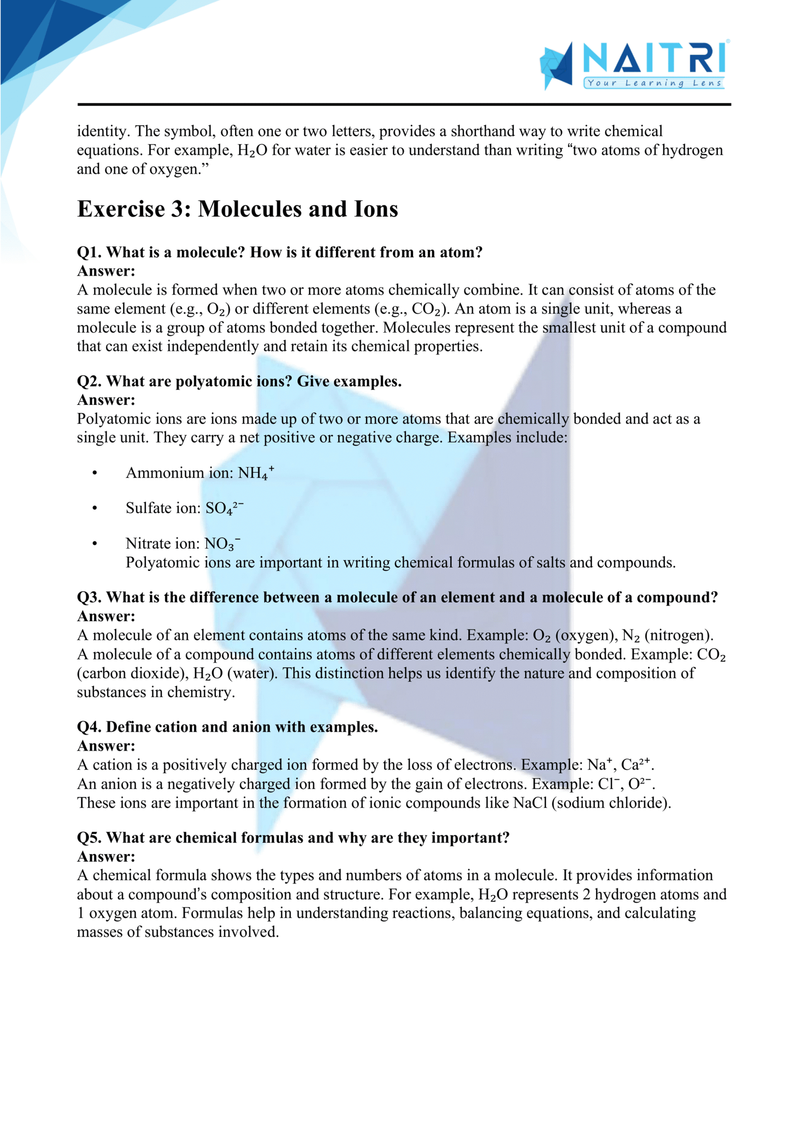 Mp Board solutions for class 9 science chapter 3 - Atoms and Molecules part 3