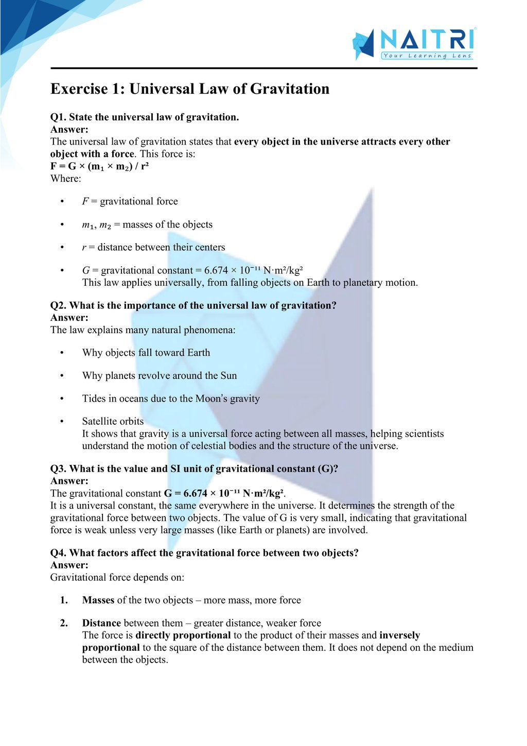Mp Board solutions for class 9 science chapter 9 - Gravitation part 1