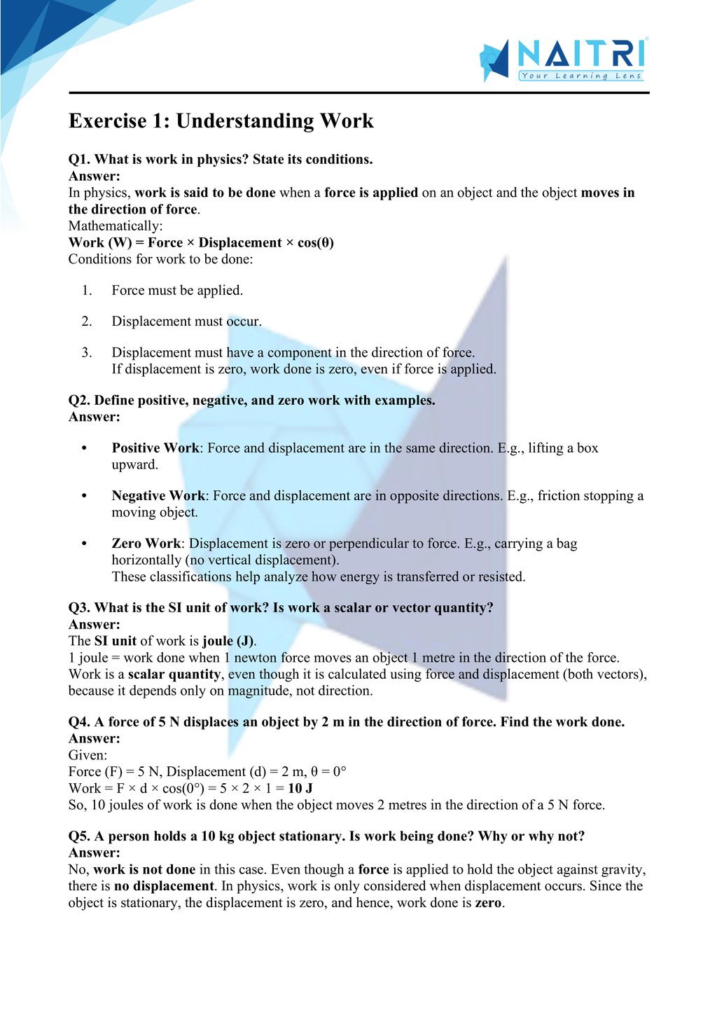 Mp Board solutions for class 9 science chapter 10 - Work and Energy part 1