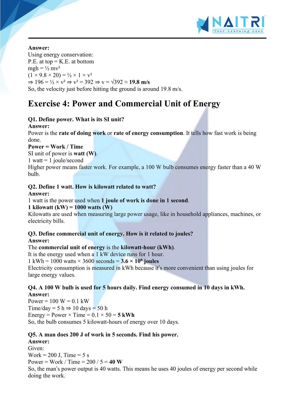 Mp Board solutions for class 9 science chapter 10 - Work and Energy part 4