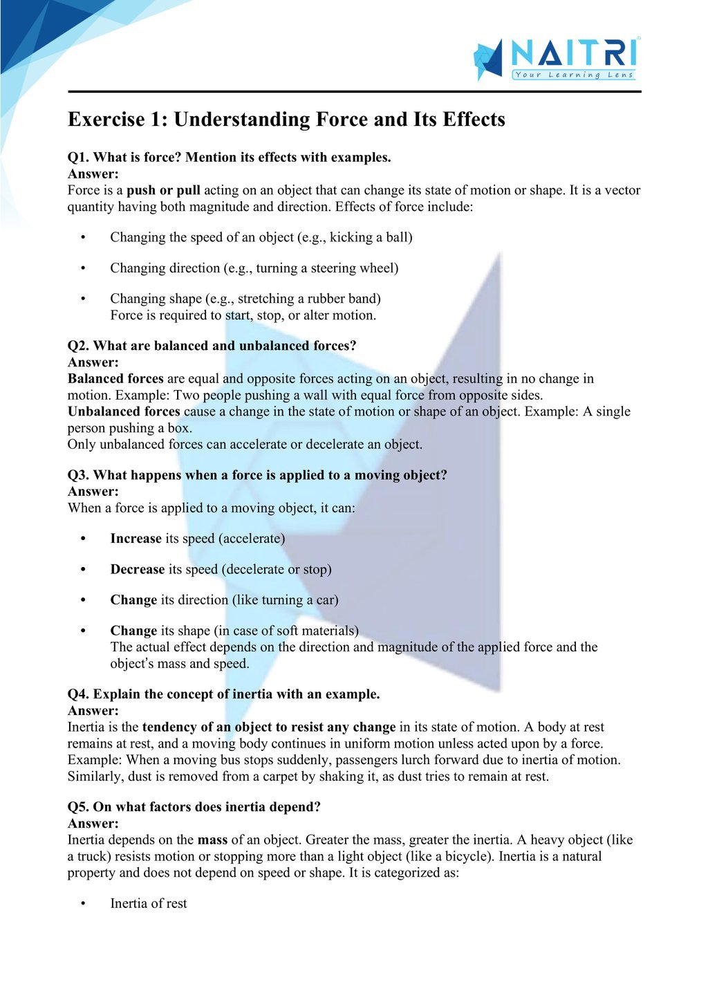 ncert solutions for class 9 science chapter 8 - Force and Laws of motion part 1