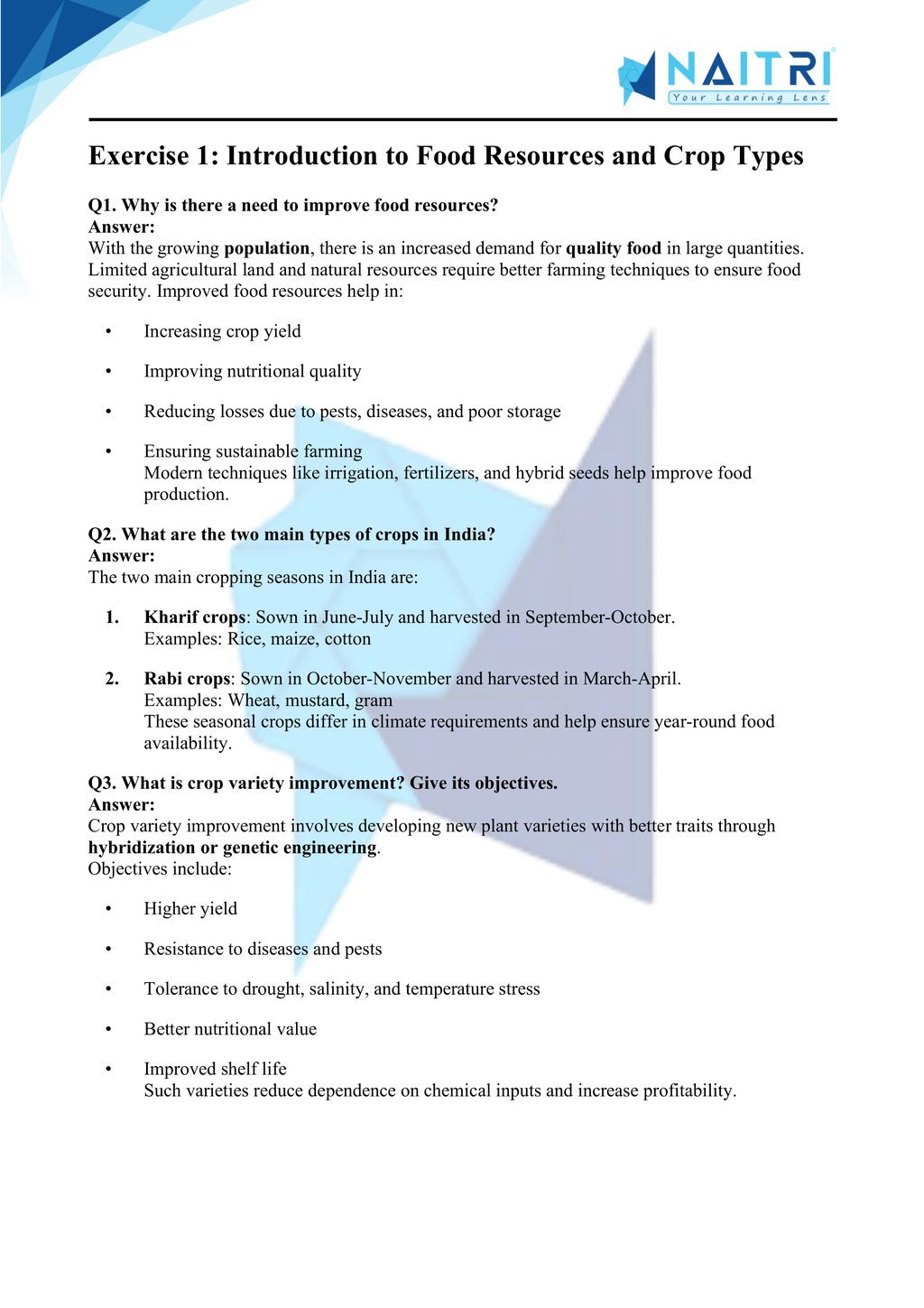 ncert solutions for class 9 science chapter 12 - Improvement in Food resources part 1