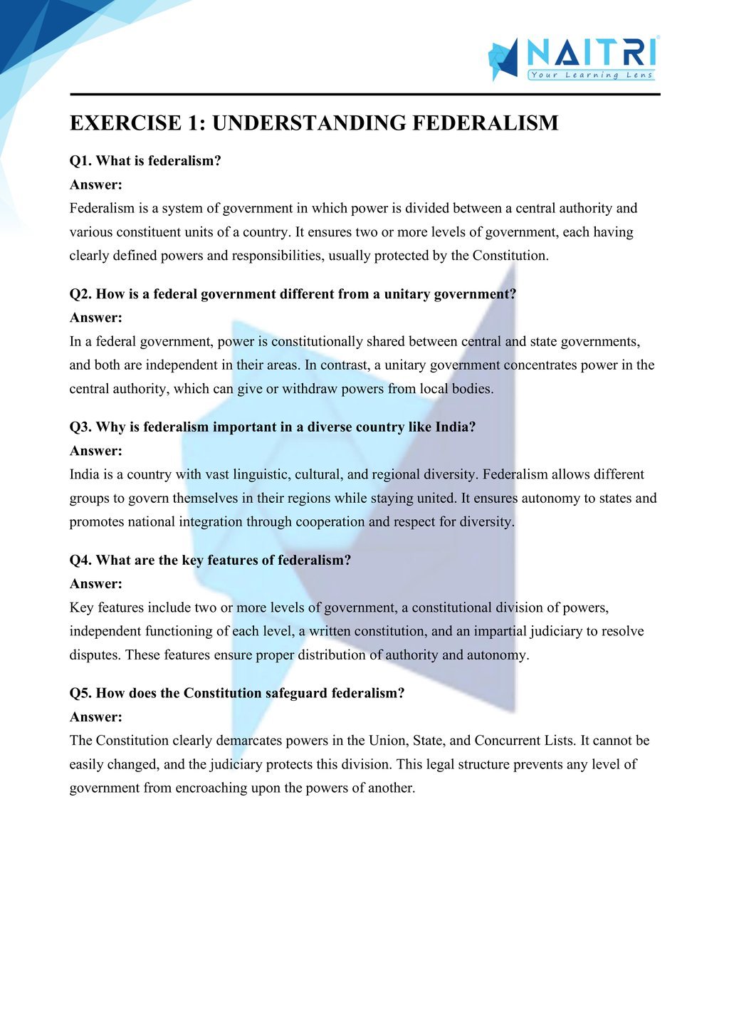 Mp Board solutions for class 10 civics chapter 2 - federalism part 1