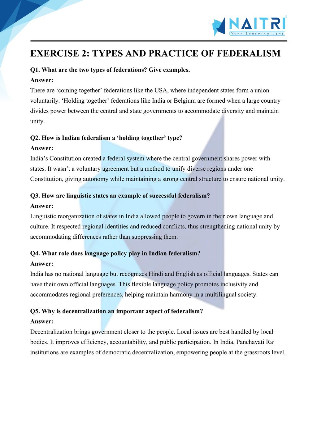Mp Board solutions for class 10 civics chapter 2 - federalism part 2