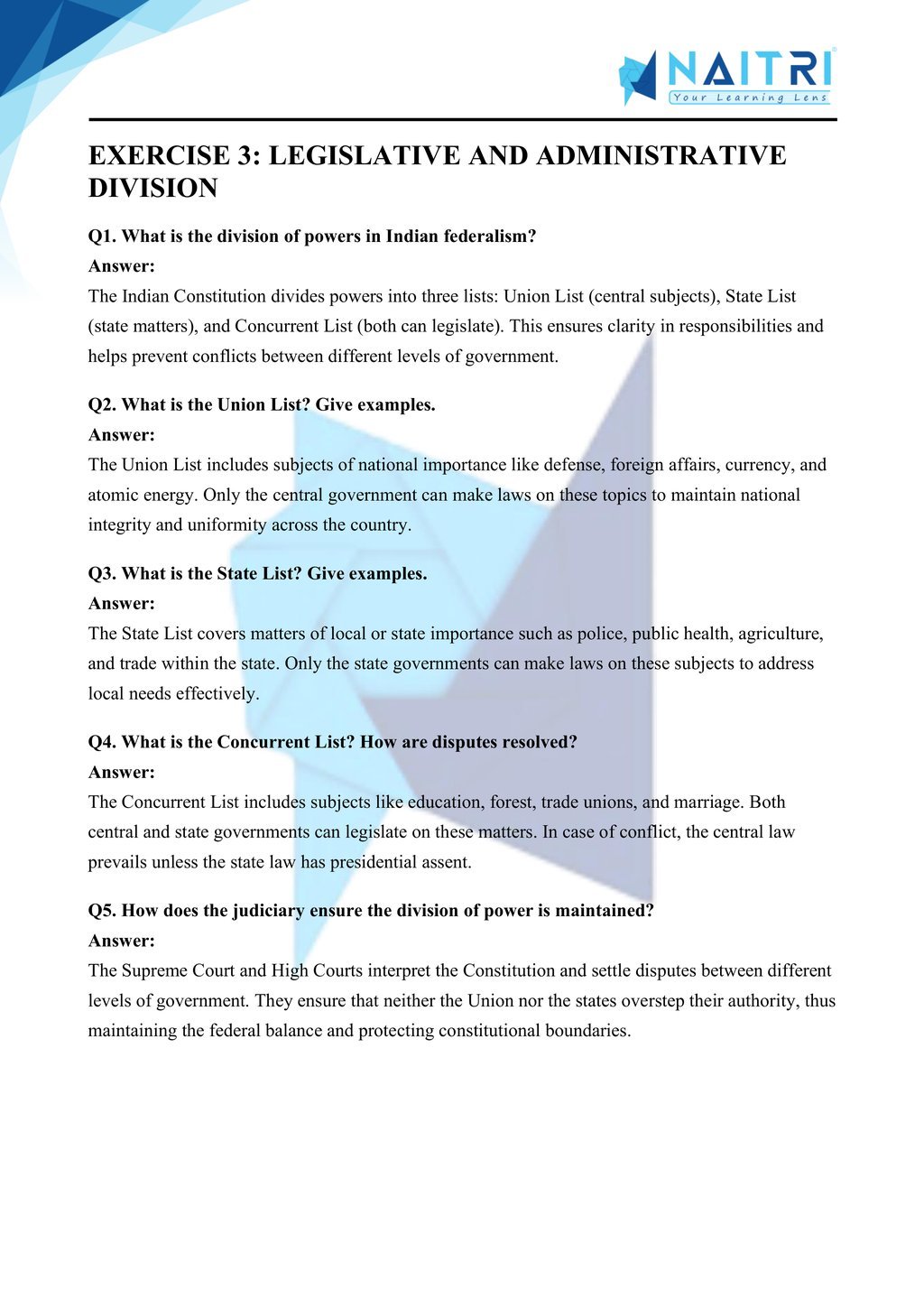 Mp Board solutions for class 10 civics chapter 2 - federalism part 3