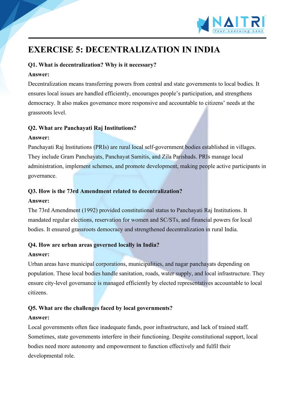 Mp Board solutions for class 10 civics chapter 2 - federalism part 5