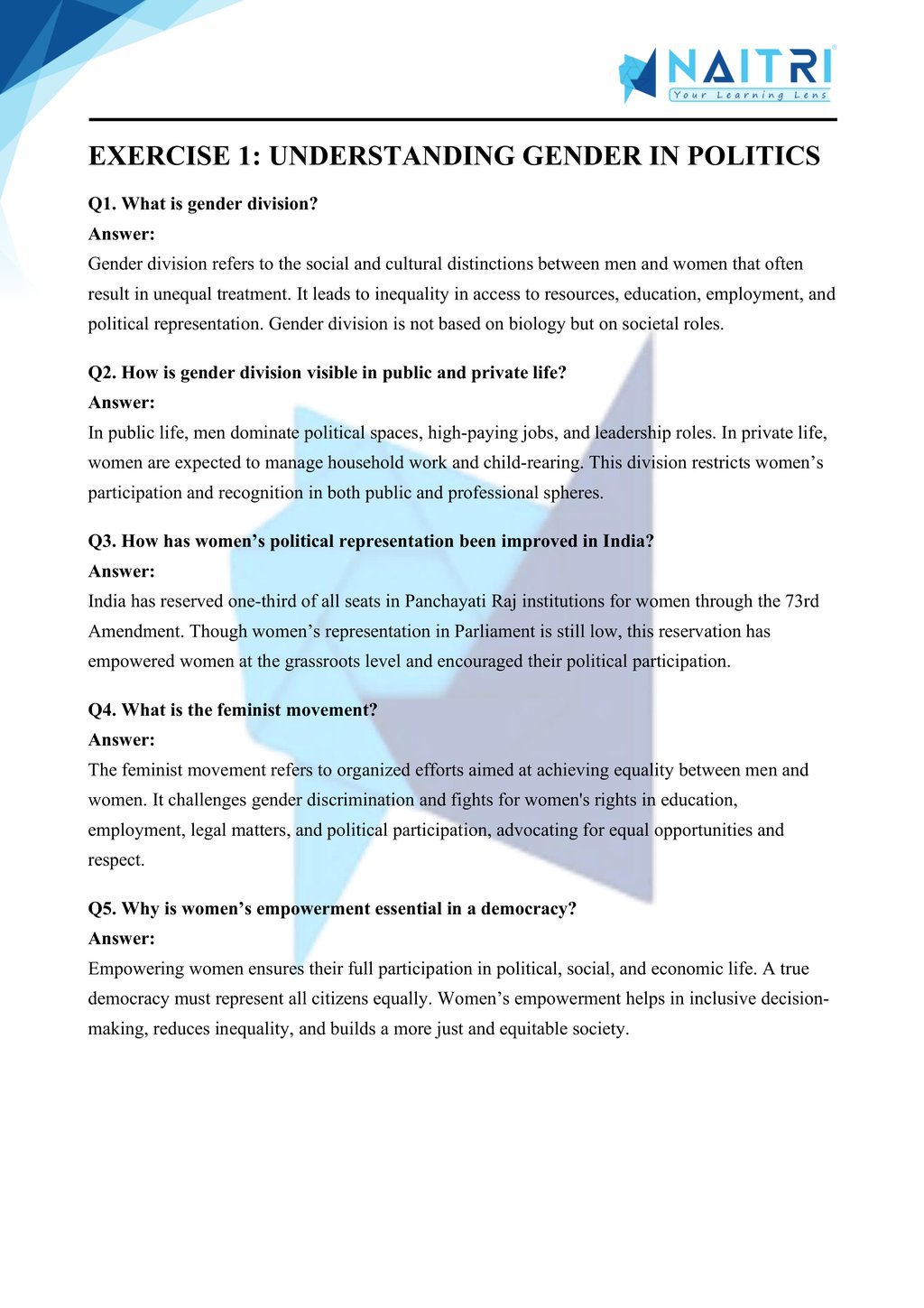 Mp Board solutions for class 10 civics chapter 3 - gender, religion and caste part 1