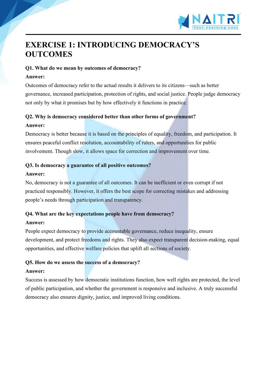 Mp Board solutions for class 10 civics chapter 5 - outcomes of democracy part 1