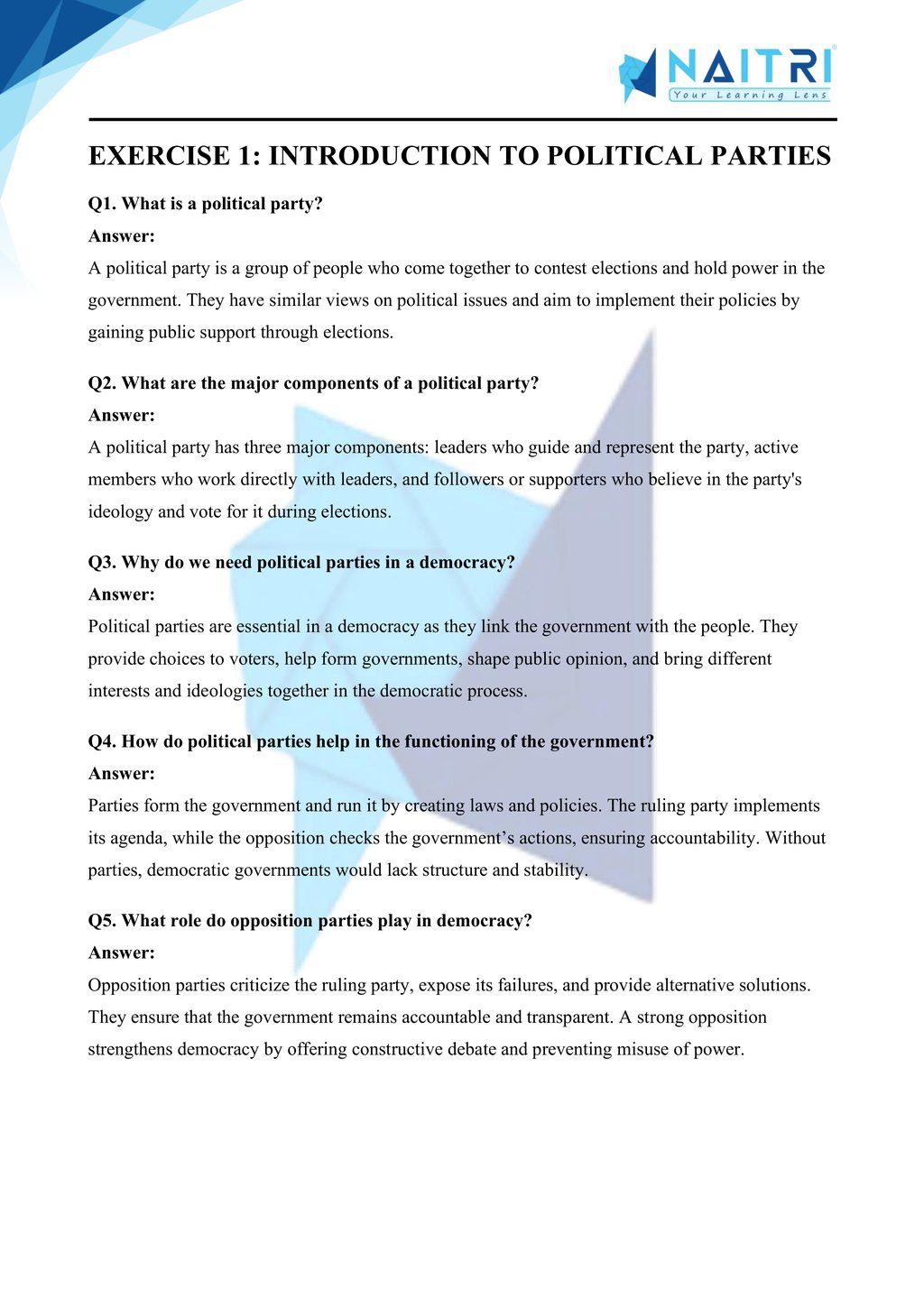Mp Board solutions for class 10 civics chapter 4 - political parties part 1