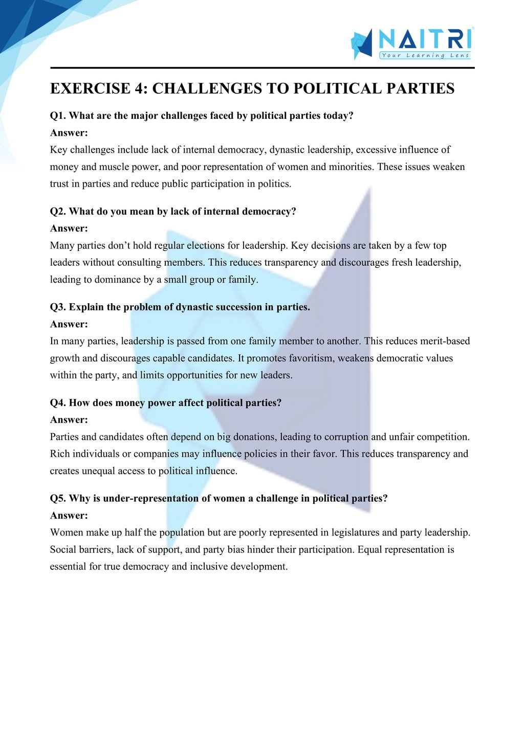 Mp Board solutions for class 10 civics chapter 4 - political parties part 4