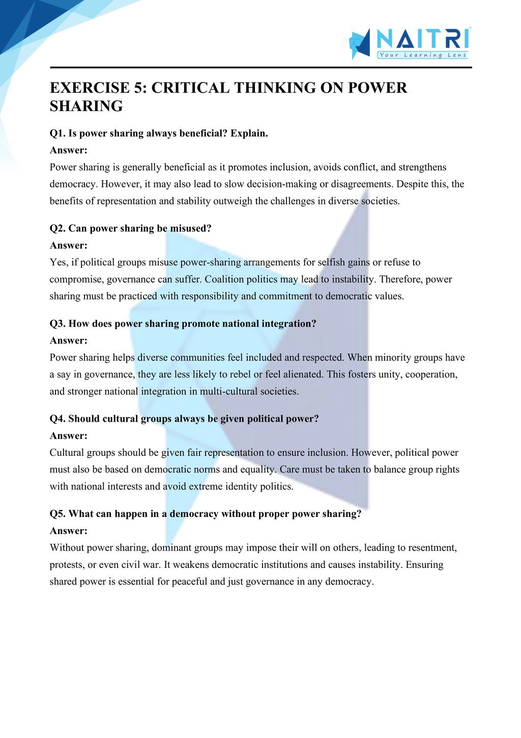 Mp Board solutions for class 10 civics chapter 1 - Power Sharing part 5