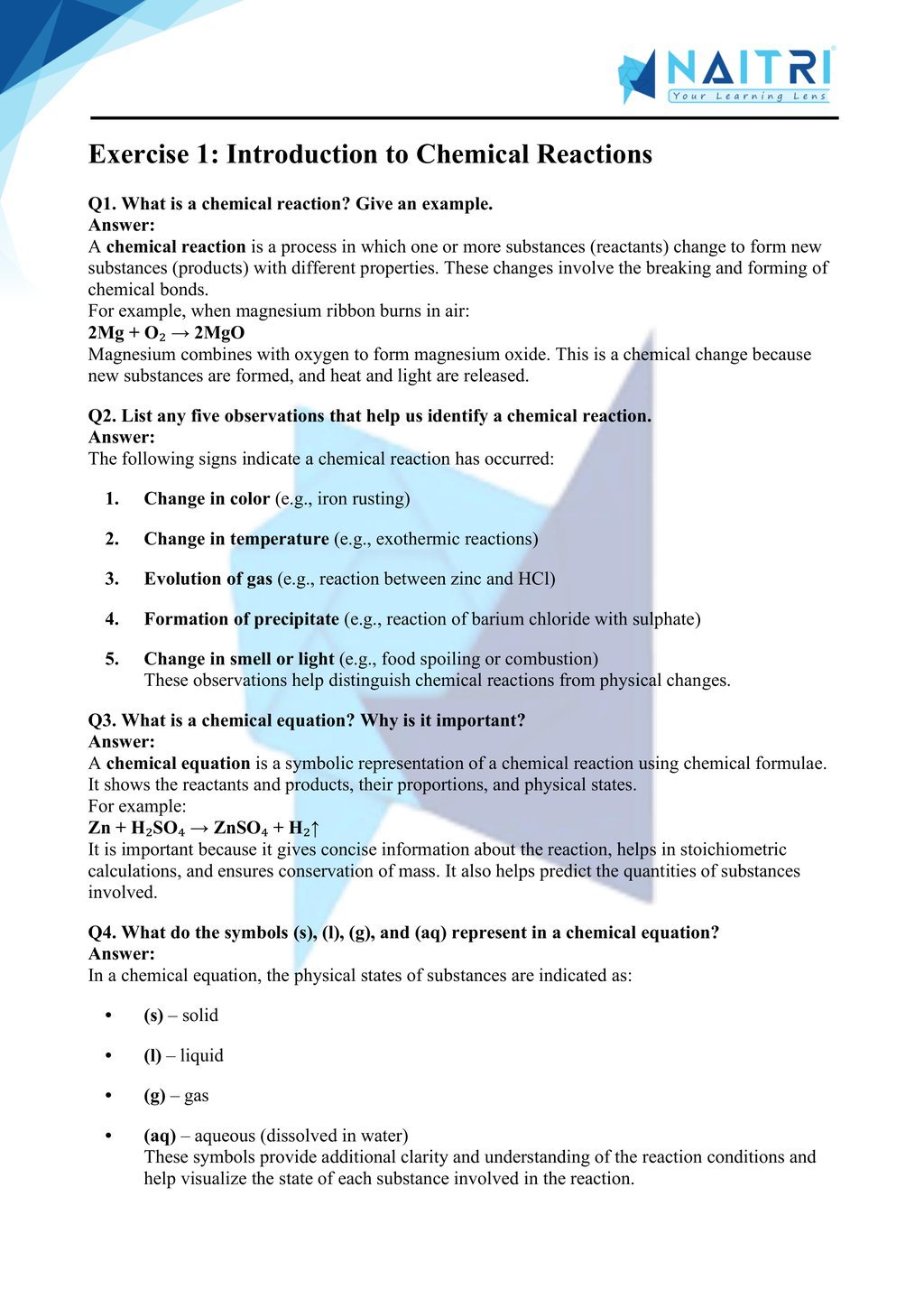 Mp Board solutions for class 10 science chapter 1 - chemical reactions and equations part 1