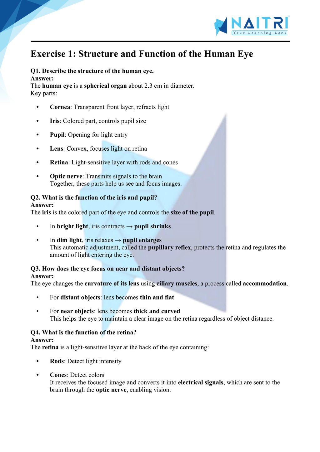 Mp Board solutions for class 10 science chapter 10 - the human eye and the colourful world part 1