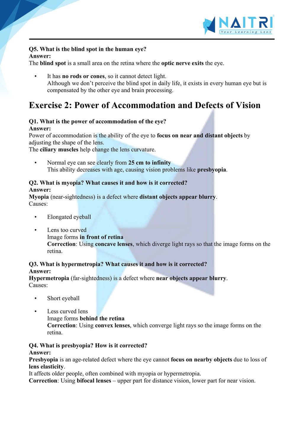 Mp Board solutions for class 10 science chapter 10 - the human eye and the colourful world part 2