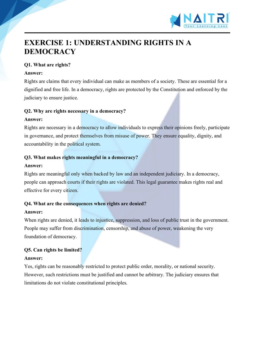 Mp Board solutions for class 9 civics chapter 5 - democratic rights part 1