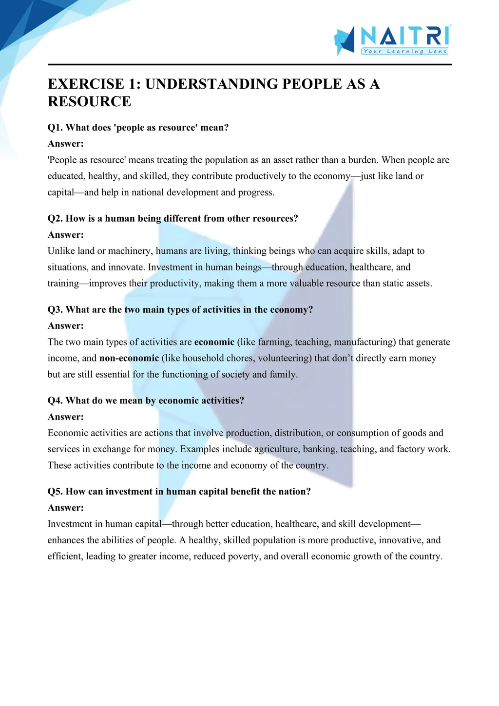 Mp Board solutions for class 9 economics chapter 2 - people as resource part 1
