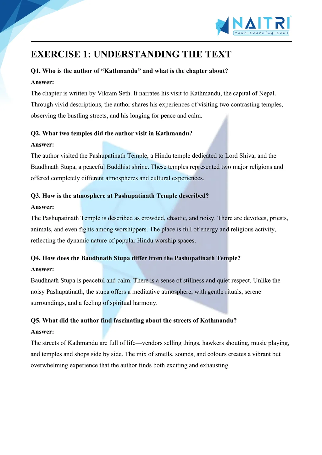 Mp Board solutions for class 9 english beehive chapter 8 - kathmandu part 1