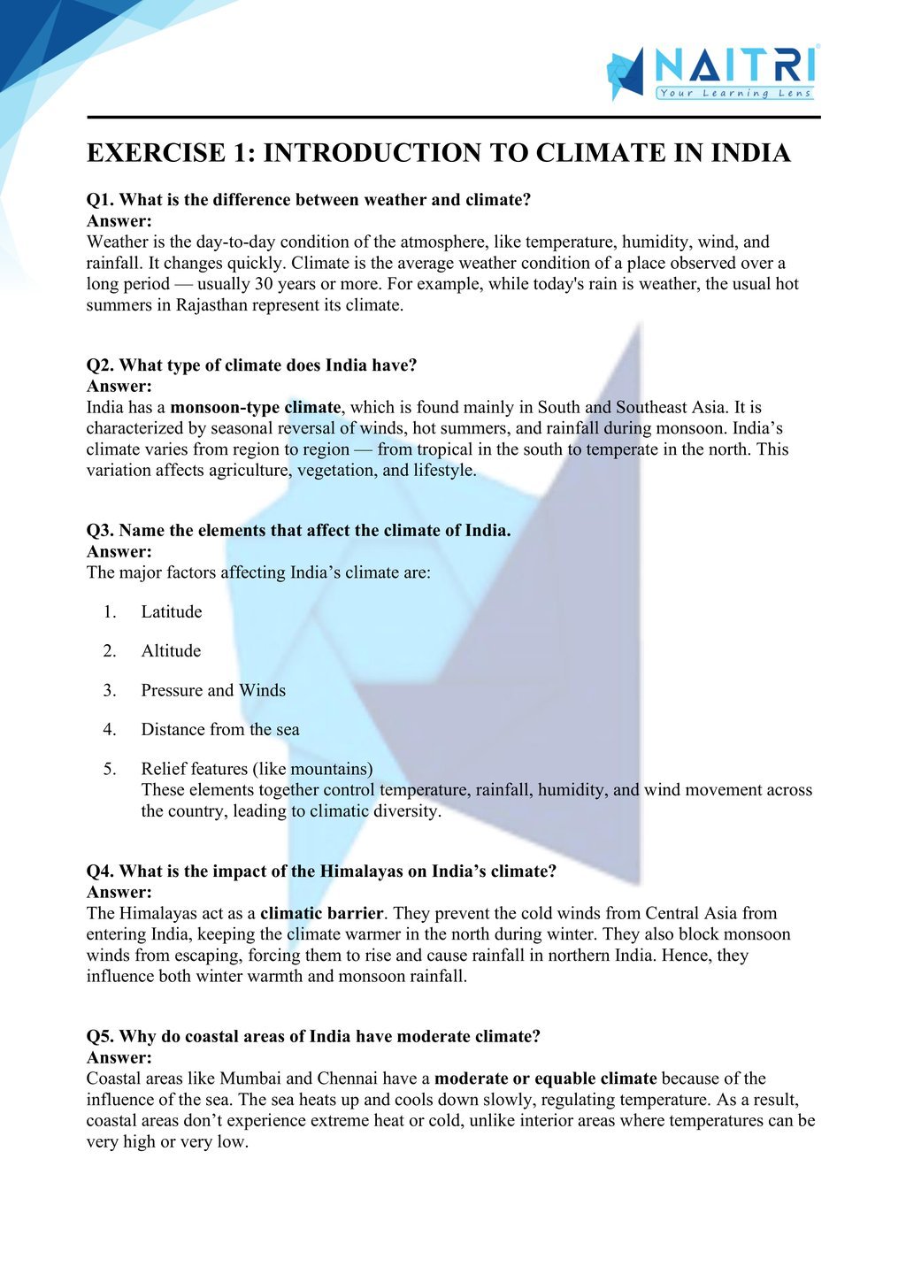 Mp Board solutions for class 9 geography chapter 4 - climate part 1