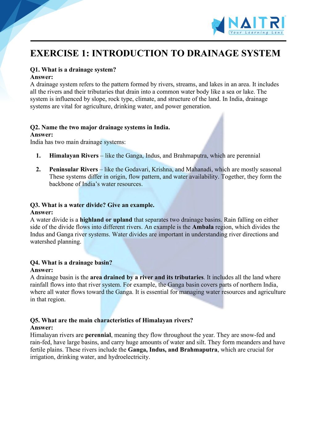 Mp Board solutions for class 9 geography chapter 3 - drainage part 1
