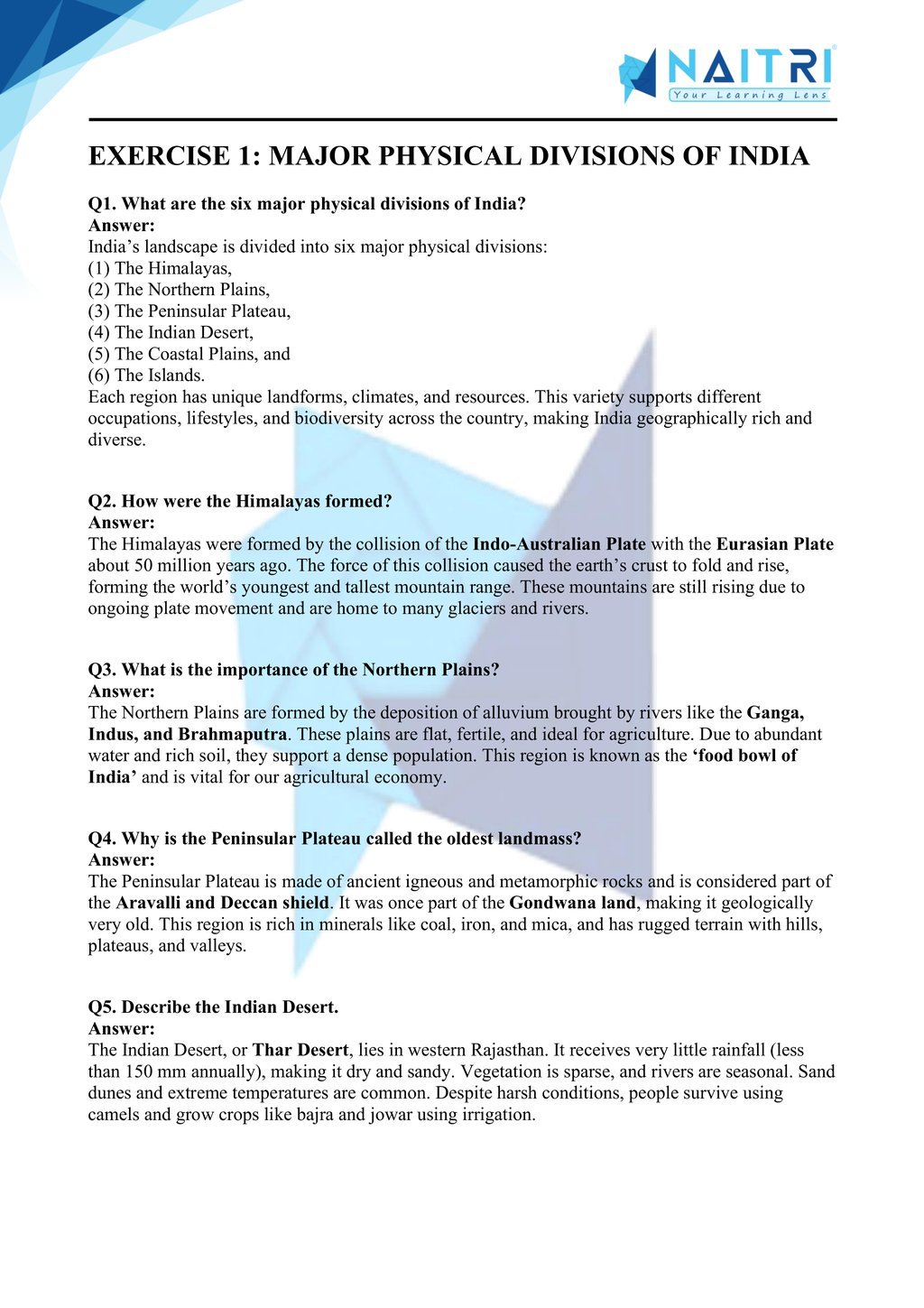 Mp Board solutions for class 9 geography chapter 2 - physical features of india part 1