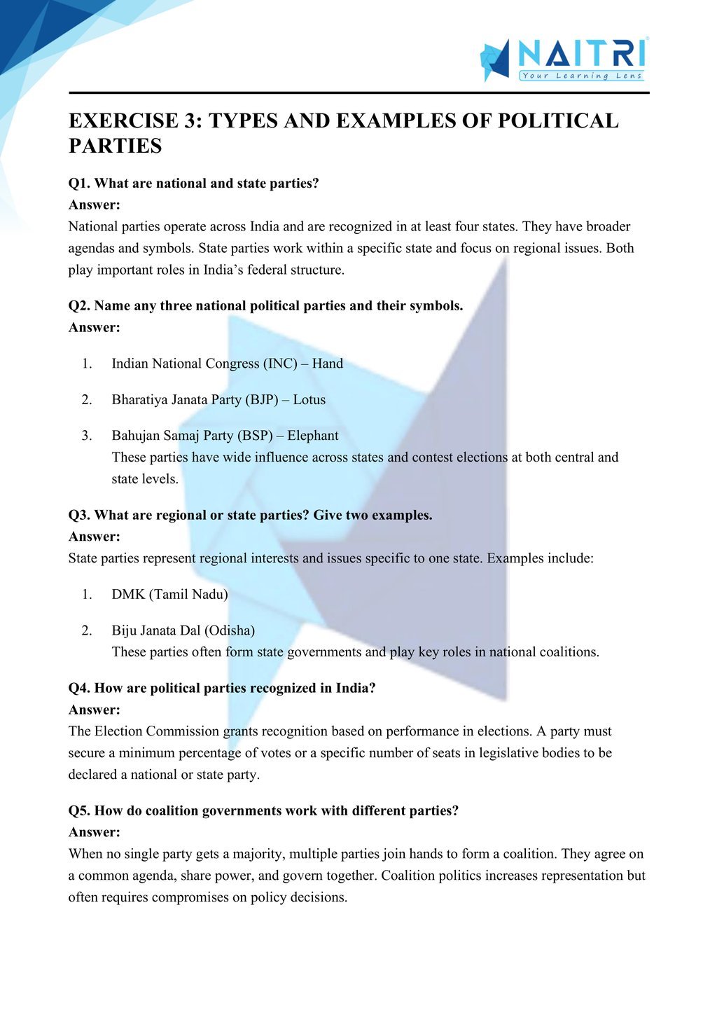 ncert solutions for class 10 civics chapter 4 - political parties part 3