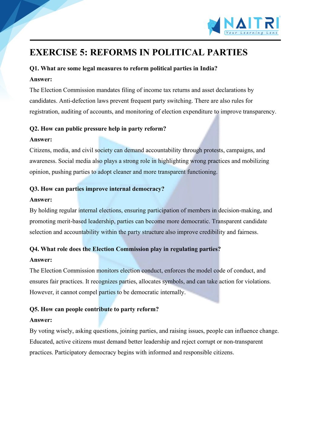 ncert solutions for class 10 civics chapter 4 - political parties part 5