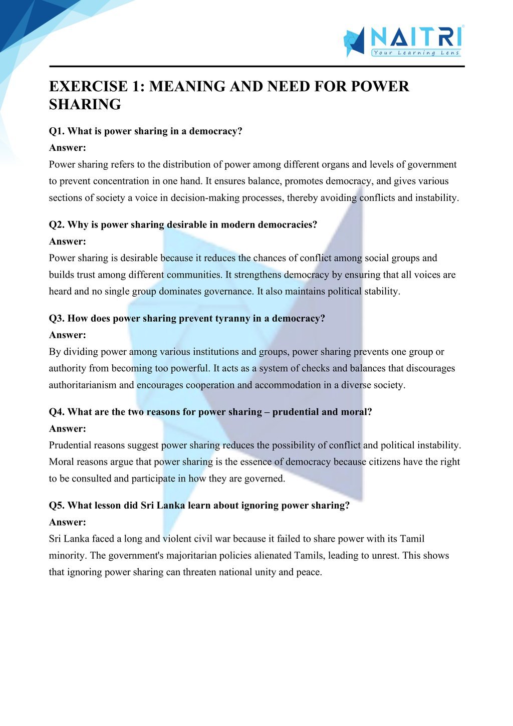 ncert solutions for class 10 civics chapter 1 - power sharing part 1