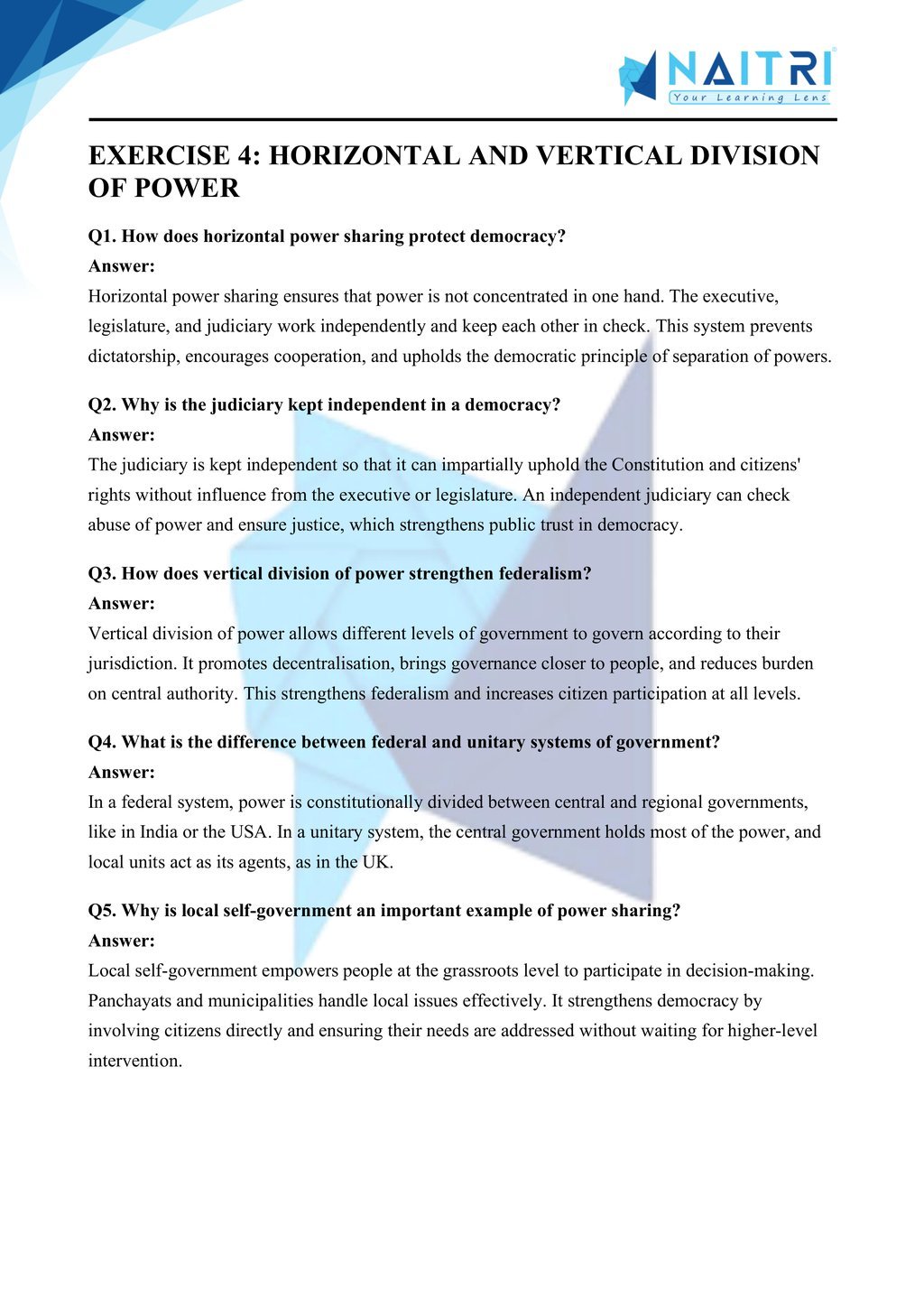 ncert solutions for class 10 civics chapter 1 - power sharing part 4