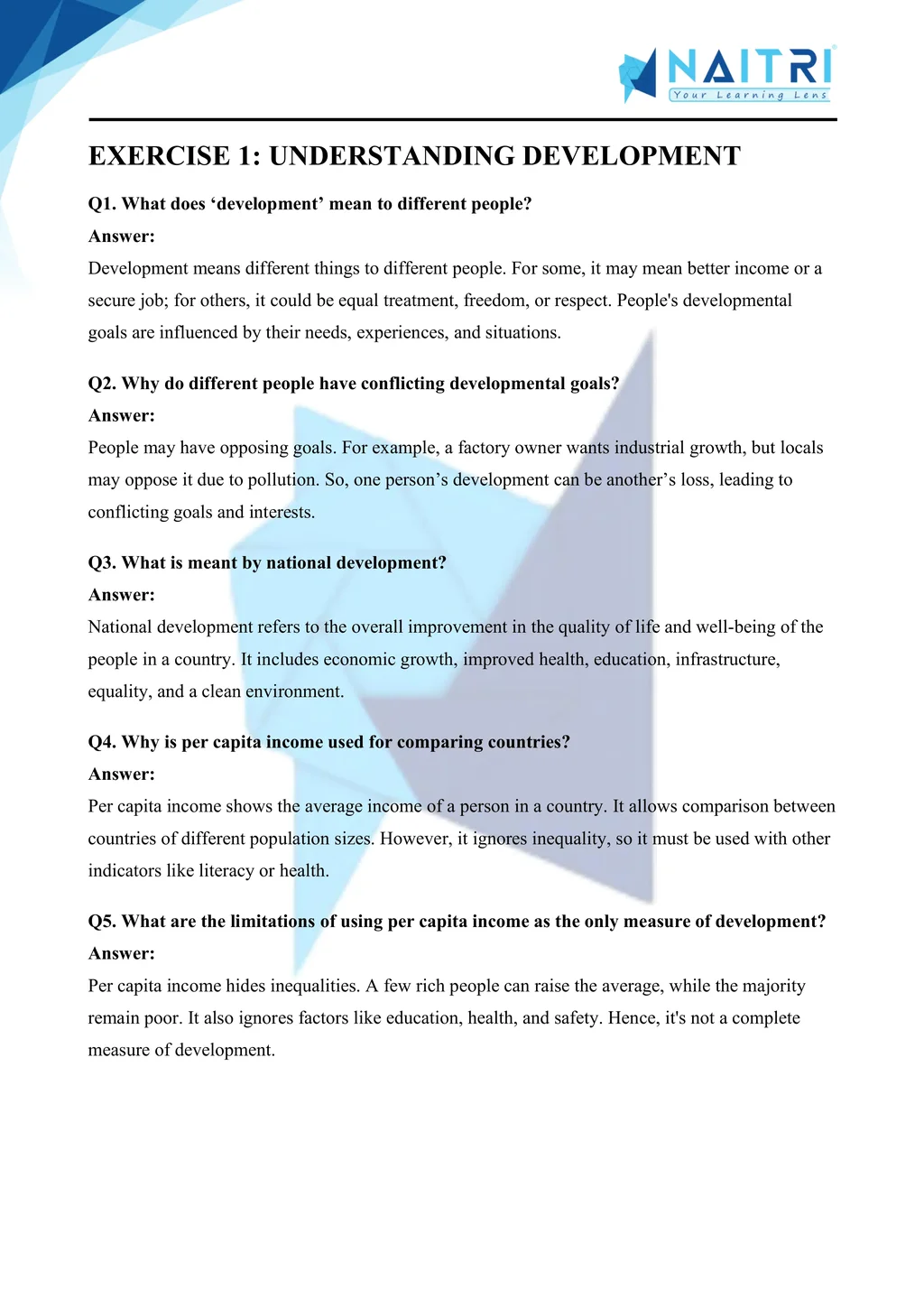 ncert solutions for class 10 economics chapter 1 - development part 1