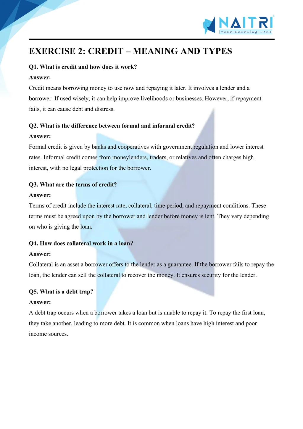 ncert solutions for class 10 economics chapter 3 - money and credit part 2