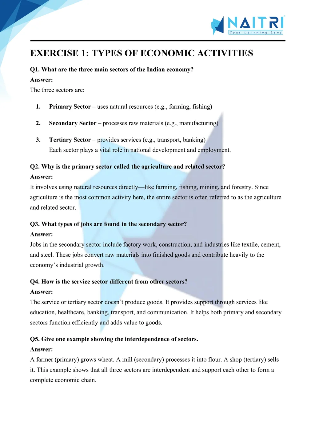ncert solutions for class 10 economics chapter 2 - sectors of indian economy part 1