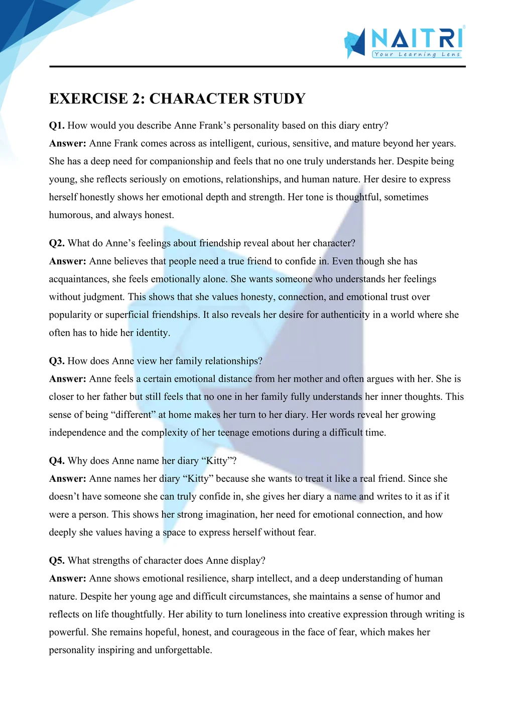 ncert solutions for class 10 english first flight chapter 4 - from the diary of anne frank part 2