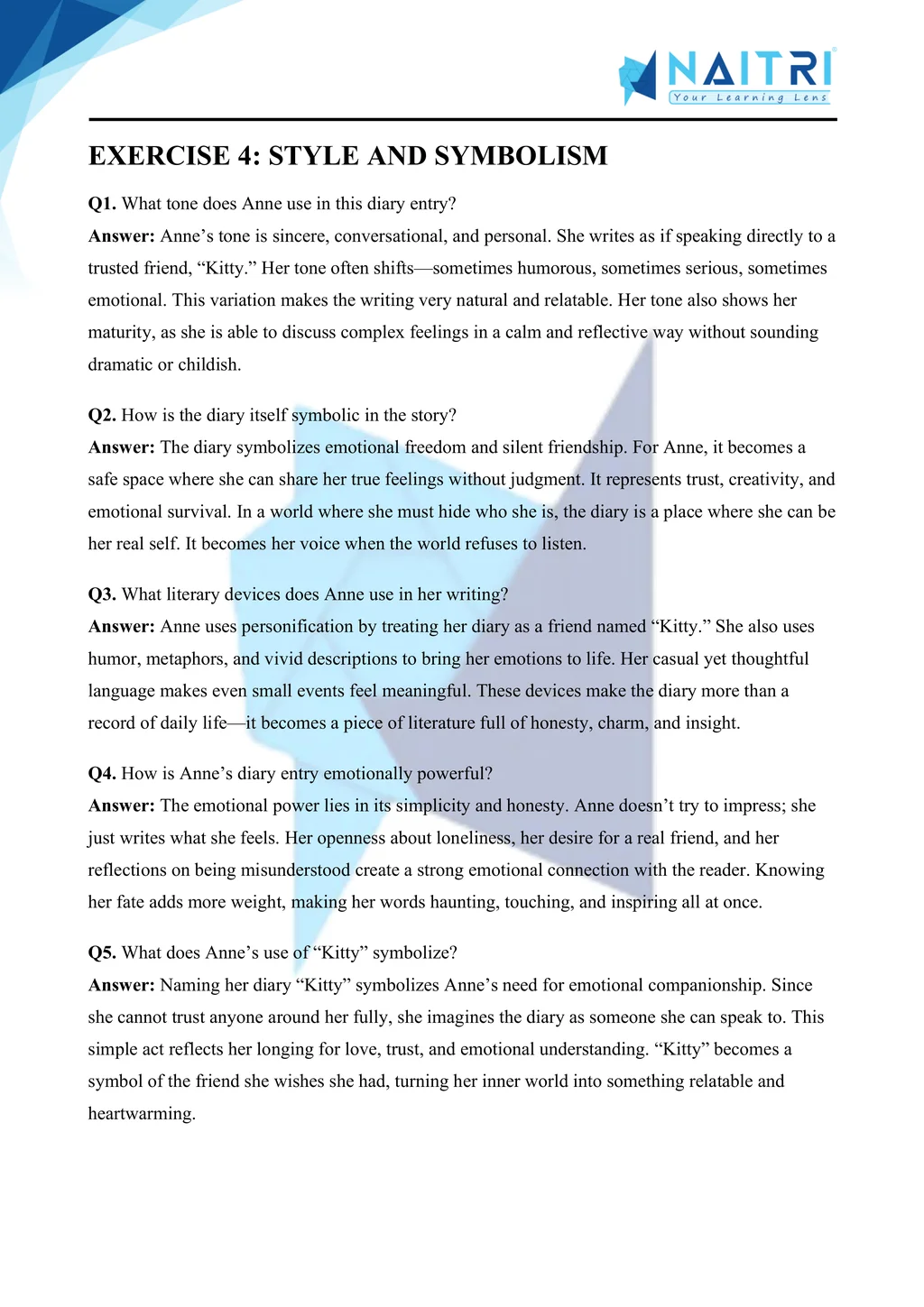 ncert solutions for class 10 english first flight chapter 4 - from the diary of anne frank part 4