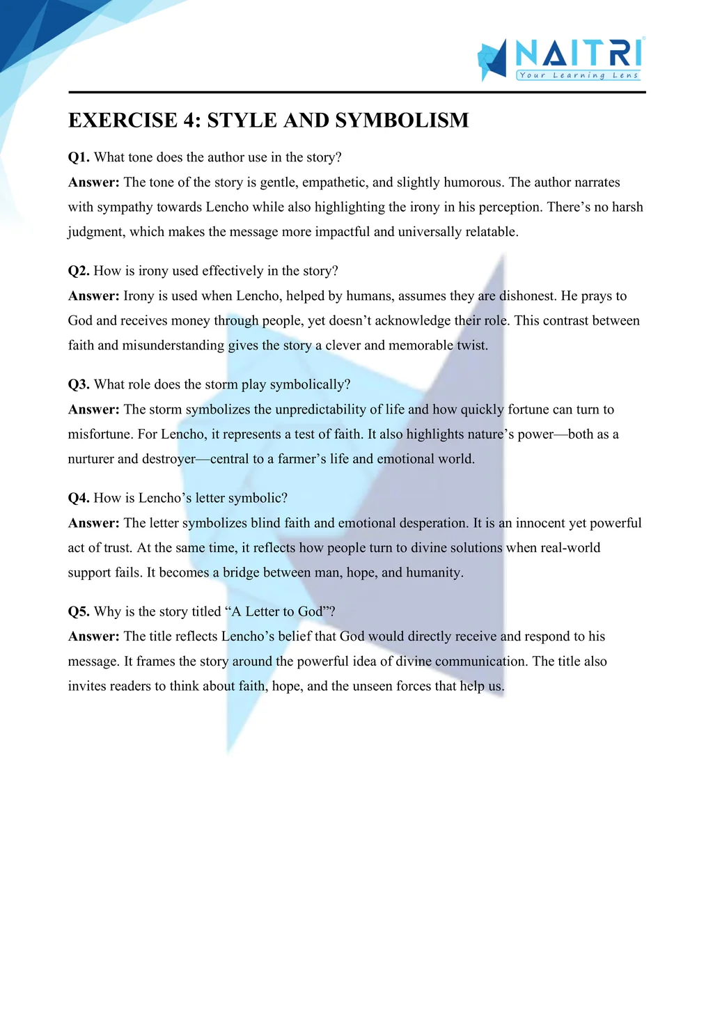 ncert solutions for class 10 english first flight chapter 1 - a letter to god part 4