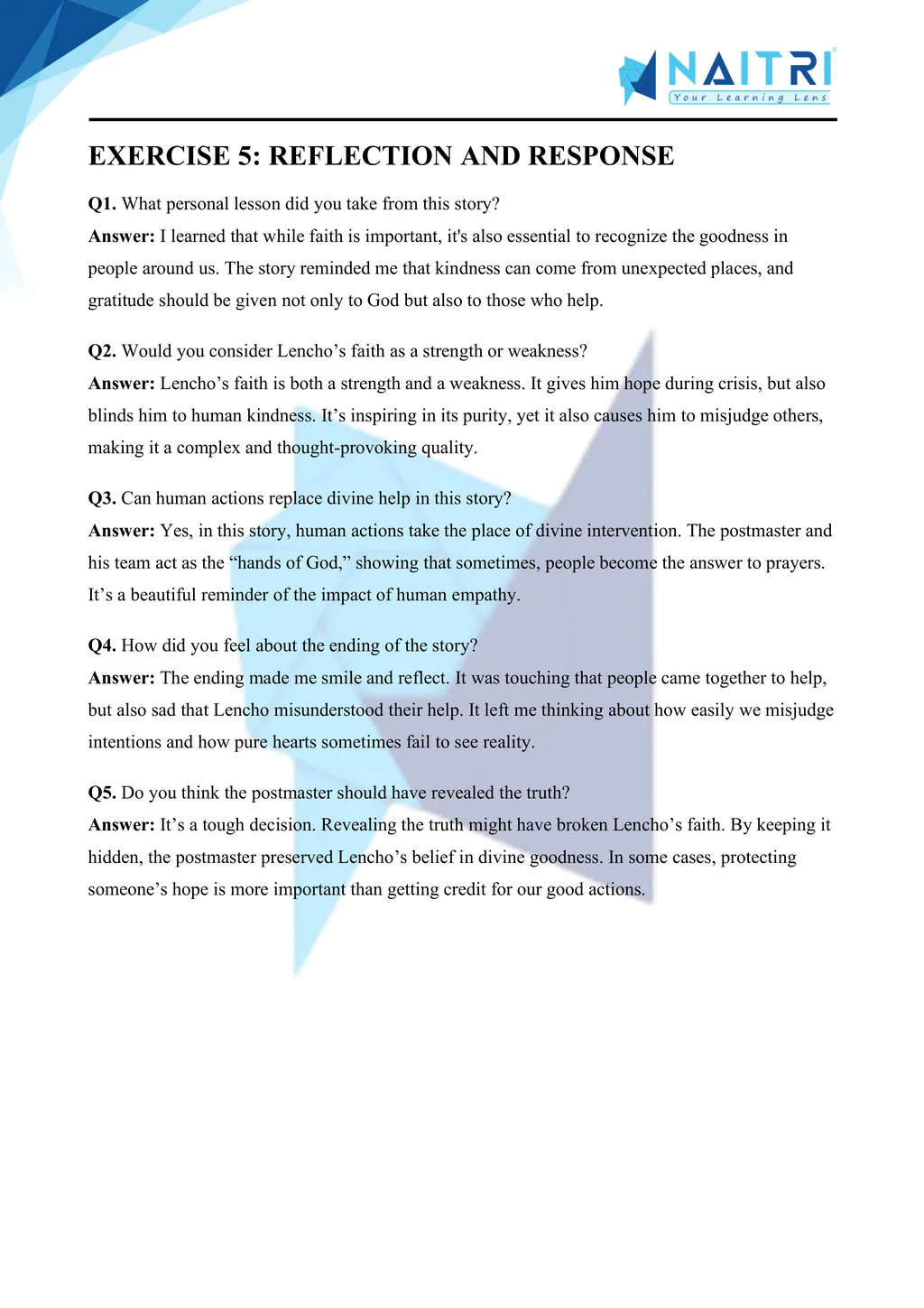 ncert solutions for class 10 english first flight chapter 1 - a letter to god part 5