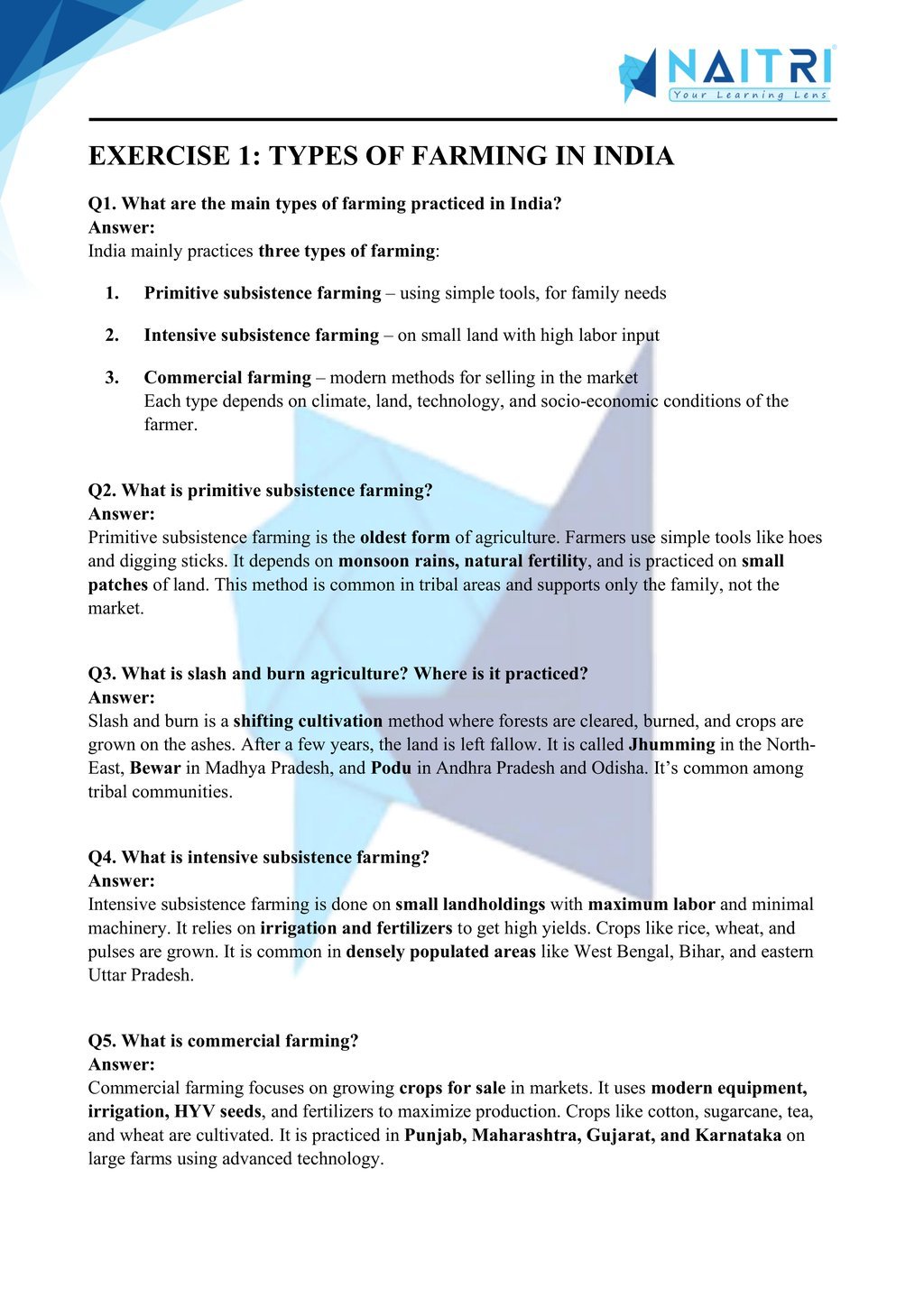 ncert solutions for class 10 geography chapter 4 - agriculture part 1
