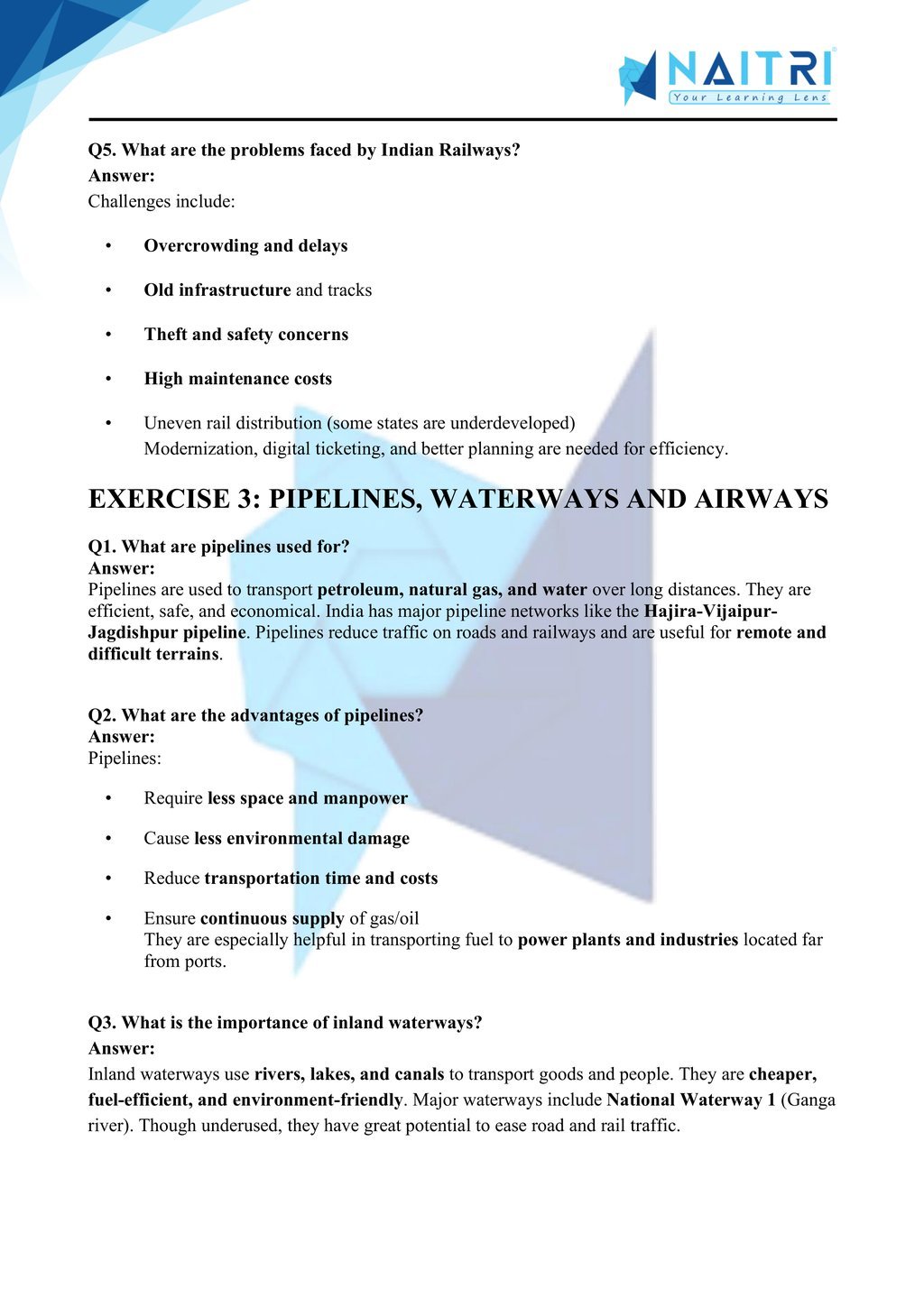 ncert solutions for class 10 geography chapter 7 - lifelines of national economy part 3