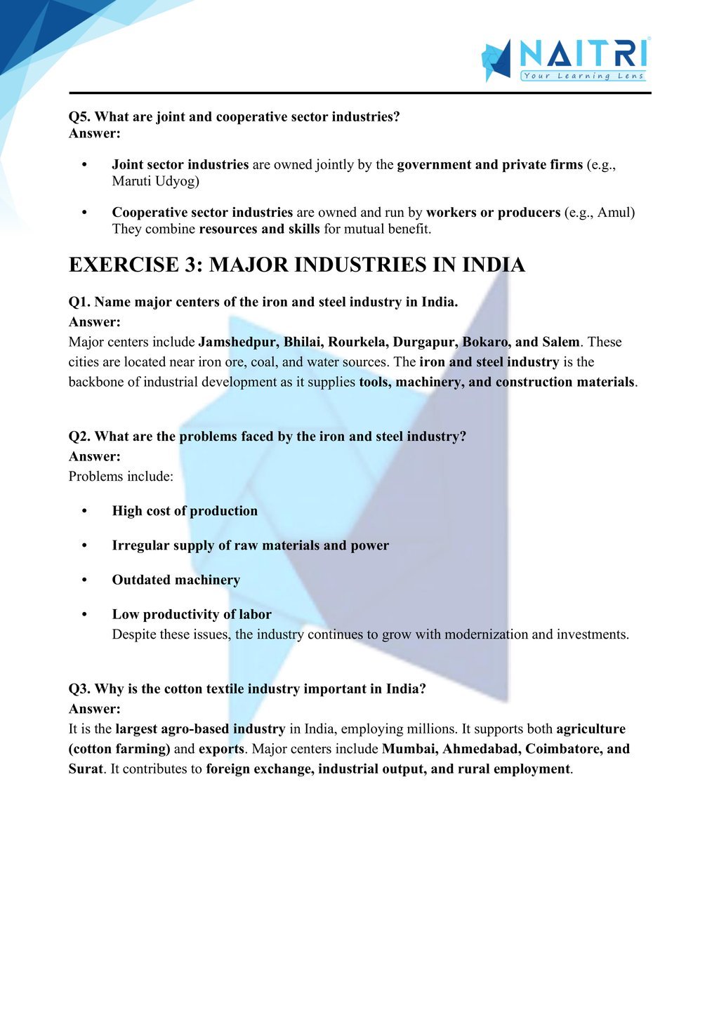ncert solutions for class 10 geography chapter 6 - manufacturing industries part 3