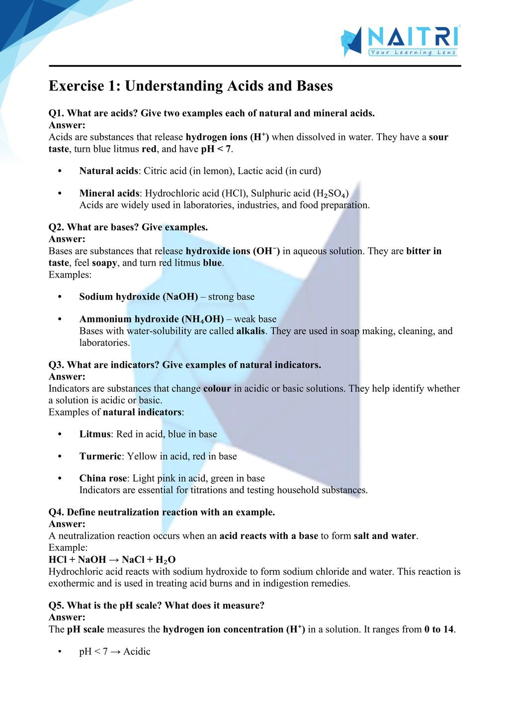 Ncert solutions for class 10 science chapter 2 - Acids, Bases and salts part 1