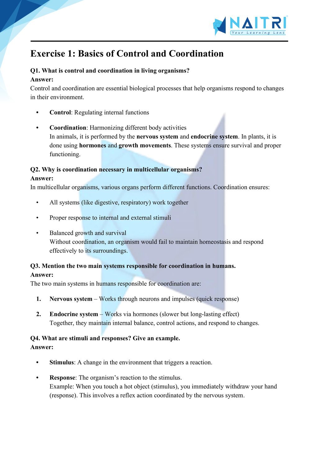 Ncert solutions for class 10 science chapter 6 - control and coordination part 1