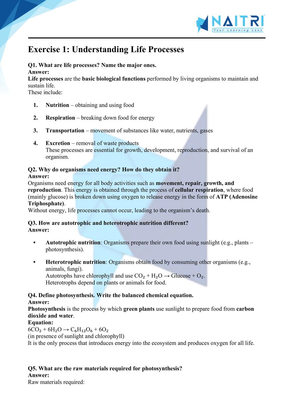 Ncert solutions for class 10 science chapter 5 - life processes part 1