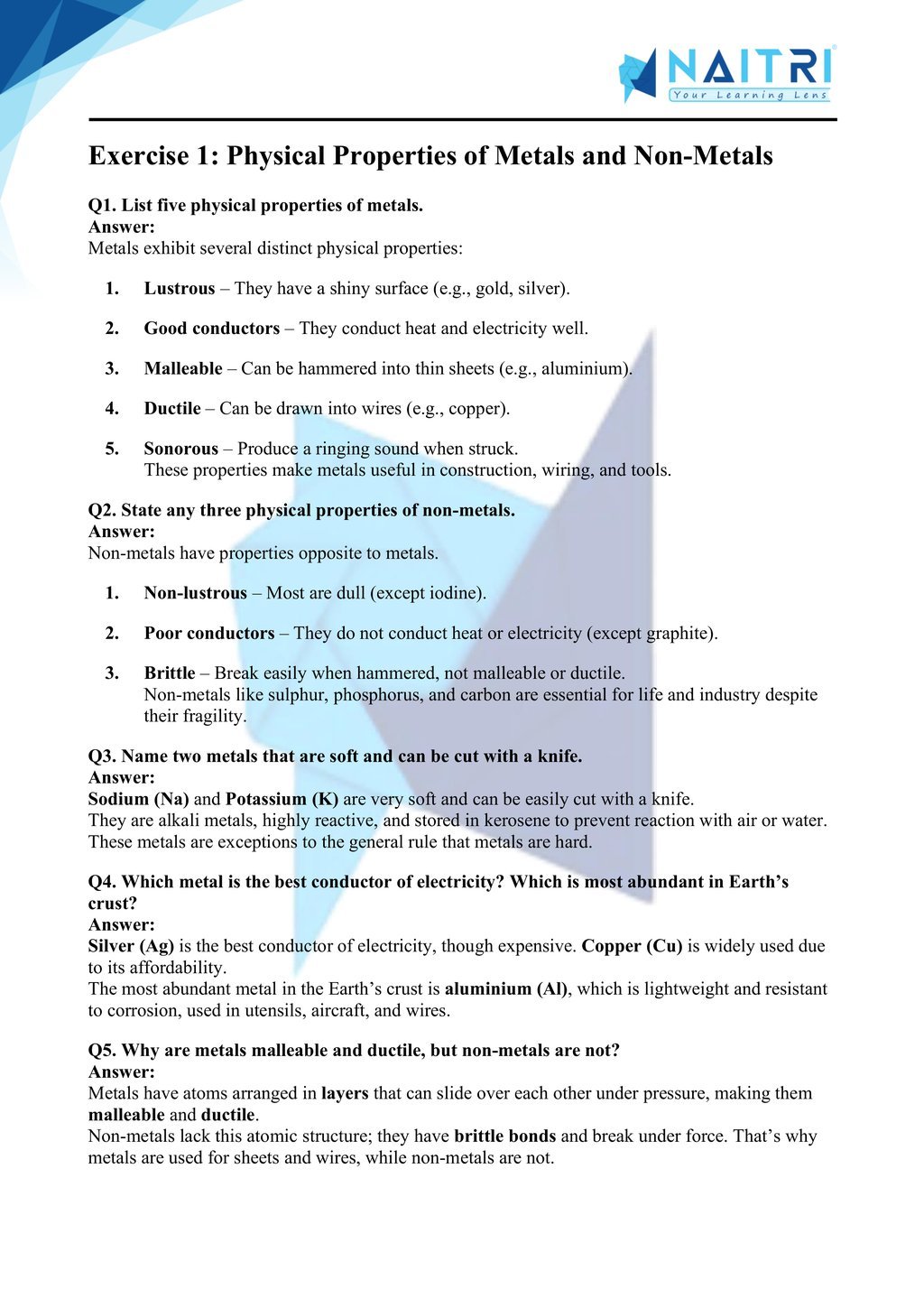 Ncert solutions for class 10 science chapter 3 - metals and non-metals part 1