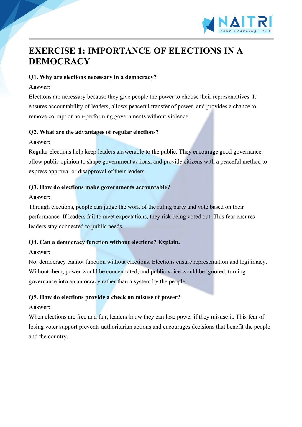 ncert solutions for class 9 civics chapter 3 - electoral politics part 1