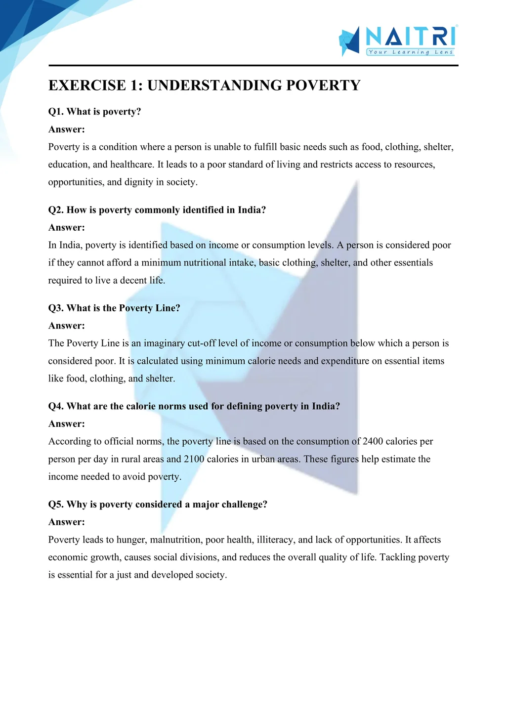 ncert solutions for class 9 economics chapter 3 - Poverty as a challenge part 1
