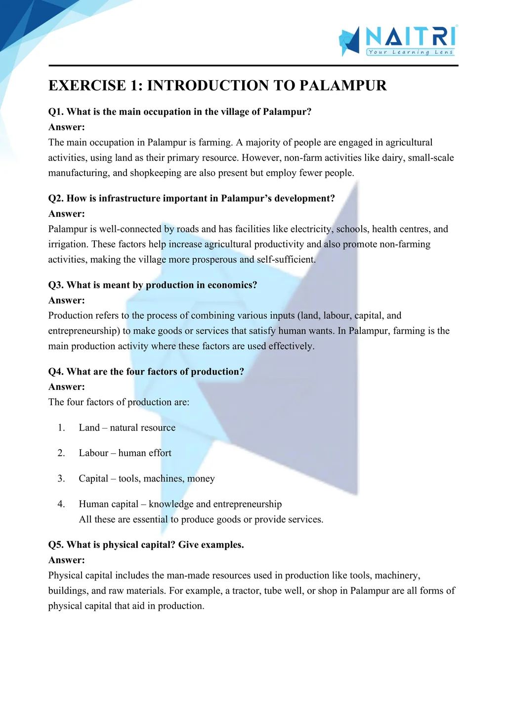 ncert solutions for class 9 economics chapter 1 - the story of village palampur part 1