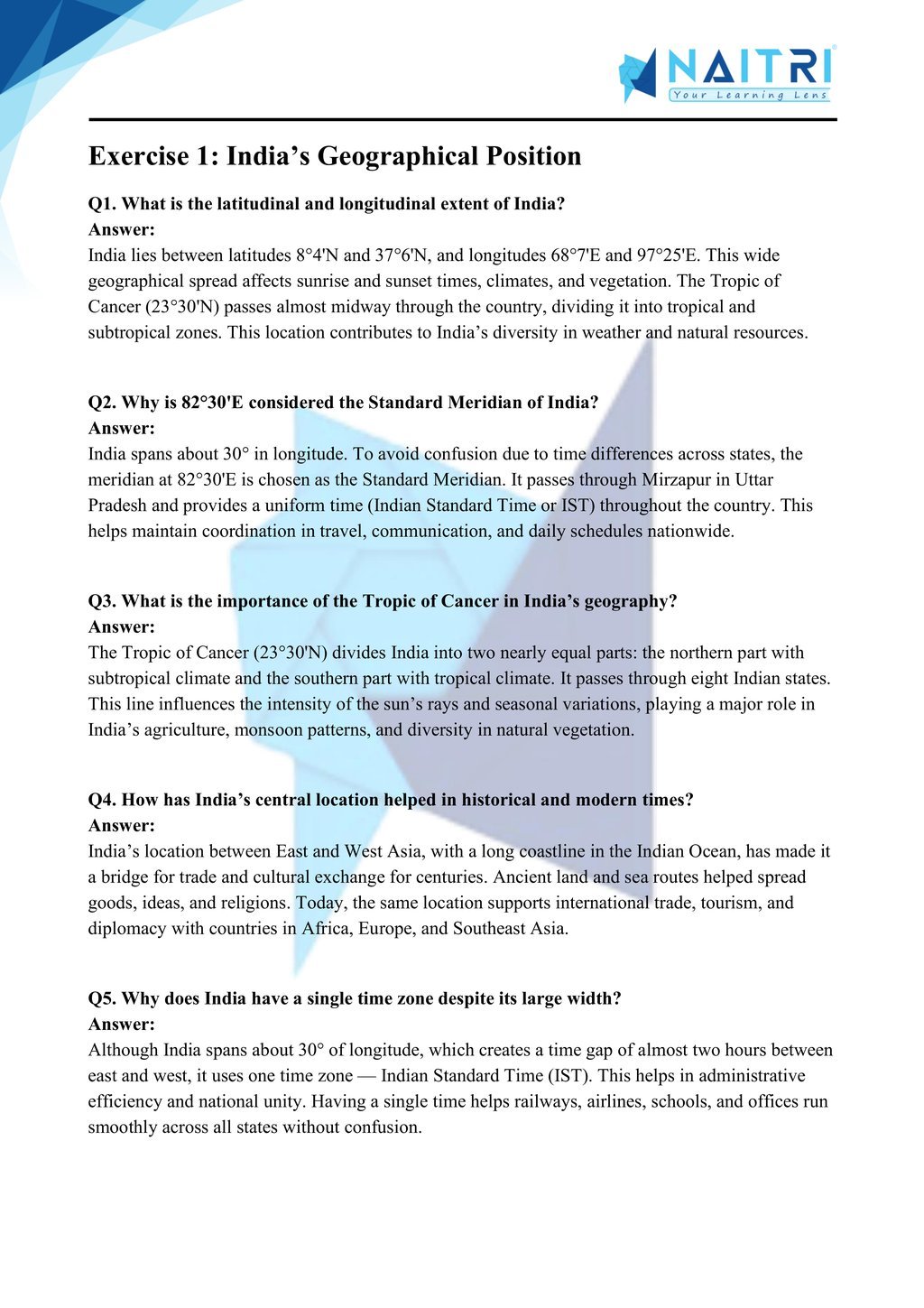 ncert solutions for class 9 geography chapter 1 - india: size and location part 1